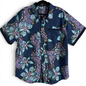 D'Iyanu African Print Floral Button Down Shirt Blue XXL Mens Short Sleeve‎ Wax